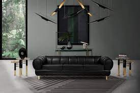 High ceiling living room framed with black metal beams showcases white brick pillars. Enhance Your Living Room Decor With Outstanding Black Leather Sofas Paris Design Agenda