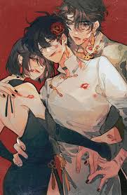 han sooyoung, kim dokja, yoo joonghyuk, omniscient readers viewpoint,  highres, 1girl, 2boys, black dress, black hair, black nails, closed mouth,  dress, fangs, hug, hug from behind, lipstick mark, lipstick mark on face,