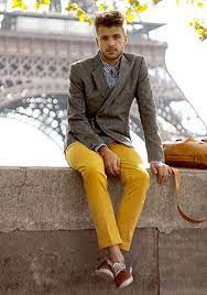 グレーダブルジャケット イエローパンツの着こなし メンズ italy web menswear mens outfits yellow pants