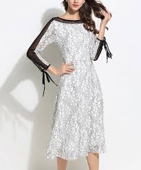 Kaimilan White Black Floral Lace Sheer Sleeve Midi Dress Women