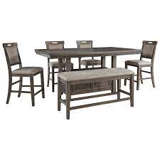 This collection is crafted with mindi in addition to planked and shaped tops in charcoal grey and weathered crème fronts. Benchcraft Johurst 6 Piece Counter Height Dining Set With Bench Standard Furniture Table Chair Set With Bench
