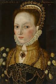 Portrait of a lady, bust-length, wearing an elaborate jewelled headpiece,  and embroidered dress and chemise