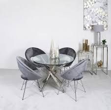 Selection of round glass dining tables with 4 chairs, any colour, any style! Value Ark 4 Seat 130cm Round Glass Dining Set With Grey Orb Chairs Morale Home Furnishings