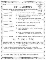 Matter Quiz Vocabulary True And False Fill In The Blank Matter Science Second Grade Science Third Grade Science
