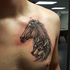 Michelle On Instagram Not Original Art Reference Was A Full Color Piece Horse Wolf Horsetattoo Wolftattoo Horse Tattoo Black And Grey Tattoos Tattoos
