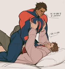 miguel ohara, peter b parker, spider-man (2099), marvel, spider-man:  across the spider-verse, spider-man (series), spider-verse, highres, 2boys,  animal print, bara, bed, black hair, blue bodysuit, bodysuit, brown pants,  dark-skinned male, dark skin,