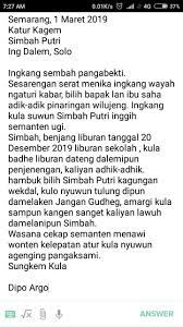 Nih saya bagikan contoh 20 kalimat dalam aksara jawa buat sedulur semua. Contoh Surat Bahasa Jawa Krama Inggil Brainly Co Id