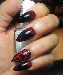 Black And Red Acrylic Nails Square Gothic Stiletto Pentagram Nails Black Red Halloween Nails Etsy Black Stiletto Nails Gothic Nails Witch Nails