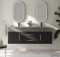 59" Black Double Sink Bathroom Vanity with Silver Handles, Floating  Design｜Homary