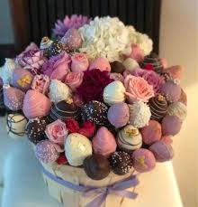 Flowers and chocolate covered strawberries delivery. Pink Roses And Strawberry Bouquet Chocolate Covered Strawberries Bouquet Mothers Day Chocolates Chocolate Covered Strawberries