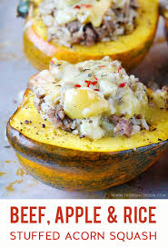 Stuffed Acorn Squash With Beef Apple Rice Recipe Acorn Squash Healthy Meat Recipes Easy Meals