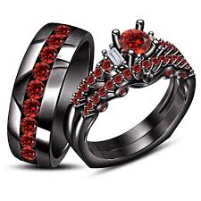 Men S Women S Trio Engagement Ring Set Red Garnet Black Gold Plated 925 Silver Wedding Ring Trio Sets Wedding Ring Sets Black Gold Wedding