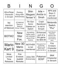 Basically what the title says, drop your bingo cards for tomorrow's direct here. Nintendo E3 2021 Bingo Card