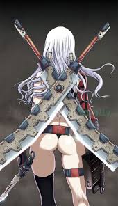 kana (leviathan), leviathan (gyeong-tak lee), black top, highres, 1girl,  black panties, black socks, brown pants, brown sleeves, double swords, long  hair, panties, pants, socks, solo, sword, topless female, underwear, very  long hair,