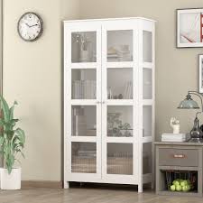 Crafted of hardwood solids and oak veneers with glass door inserts, the cabinet has 5 shelves. Red Barrel Studio 4 Layer White Display Cabinet With Glass Door Wayfair