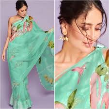 Kareena Kapoor Mint Green Bollywood Printed Saree Organza Saree Saree Designs Saree