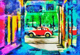 Psychedelische Kunst Rotes Auto In Der Stadt Olgemalde Lizenzfreie Fotos Bilder Und Stock Fotografie Image 49600062