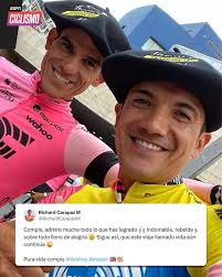🇪🇨 Richard #Carapaz despidió a su gran amigo Andrey #Amador, quien se  retiró del ciclismo profesional. 🥹