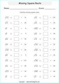 multiply and find the missing square roots printable grade 6