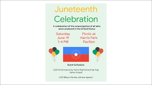Today juneteenth commemorates african american freedom and emphasizes education and achievement. Create A Flyer For A Juneteenth Celebration Applied Digital Skills