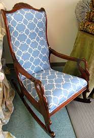 Gooseneck Rocking Chair In Blue And Cream By Wydevendesigns 495 00 Upholstered Rocking Chairs Rocking Chair Rocking Chair Makeover