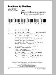 Sheet music arranged for piano/vocal/chords, and singer pro in f major. Sunshine On My Shoulders Piano Chords Lyrics Print Sheet Music Now