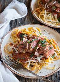 Mediterranean Steak Pasta With Tomato Olive Sauce Recipe Steak Pasta Easy Pasta Recipes Pasta Dishes