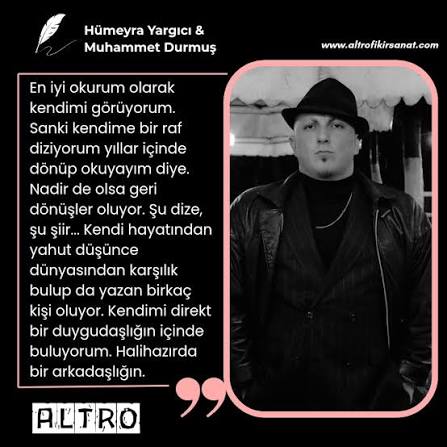📍Hümeyra Yargıcı, Muhammet Durmuş'un son çıkan öykü kitabı "Margo" başta olmak üzere, şiir kitapları "Marlboro Sparring Marlboro ve Bekleyişler Kitabı" hakkında Durmuş ile bir söyleşi yaptı. Söyleşinin tamamını hikâyedeki bağlantıyı veya sitemizi