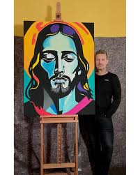 J-Day 1969, Jesus in flower power style, pop art, acrylic and oil pastel  art, canvas (format 120 x 90 cm), unique, original, artist ROSSI