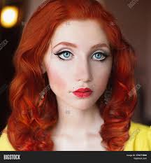 Beautiful woman with purple hair and black eyes. Woman Red Hair Yellow Image Photo Free Trial Bigstock