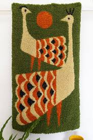 Olive Green Mid Century Hook Rug Punch Needle Hook Tapestry With Birds Peacocks Vintage 60s Hand Made Wall Hanging Textile Art Craft Rug Hooking Punch Needle Hanging Fabric