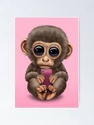 Netter Baby-Affe, der einen rosa Handy hält Poster