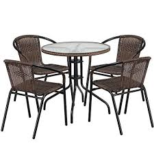 Flash Furniture Round Glass Metal Table With Rattan Edging And 4 Rattan Stack Chairs 28 Dark Brown Be S Glass Table Set Patio Dining Set Outdoor Bistro Set