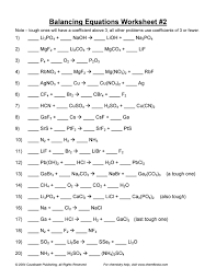 (coefﬁcients equal to one (1) do not need to be shown in your answers). 49 Balancing Chemical Equations Worksheets With Answers