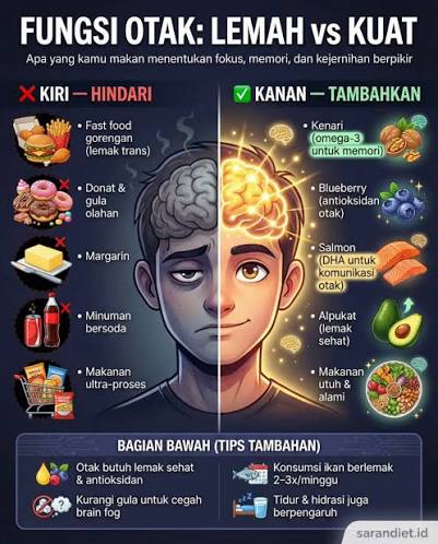 🧠 OTAK LEMAH vs OTAK KUAT Apa yang kamu makan hari ini, menentukan fokus dan kejernihan pikiranmu besok. ❌ Terlalu sering fast food, gula olahan, dan minuman bersoda ➡️ bikin otak cepat