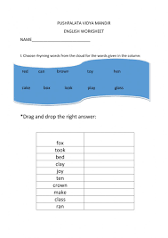 A rhyme is a repetition of similar sounds in two or more words, most often at the end of lines in poems or songs. Rhyming Words Interactive Worksheet For Grade 2