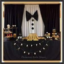 Black and gold birthday theme, with small tuxedo decorations, and black. Party Birthday Men Ideas 62 Ideas Birthday Decorations For Men Birthday Decorations Birthday Party Decorations