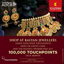 High discounts on travel bookings; Kalyan Jewellers Middle East Exciting Offers For All Adcb Touchpoints Debit Or Credit Card Users Shop At Kalyan Jewellers This Season And Get A Chance To Win 100 000 Touchpoints Each Month
