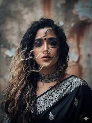 Dramatic Ethnic Portrait with Black Saree and Oxidized Silver Jewelry