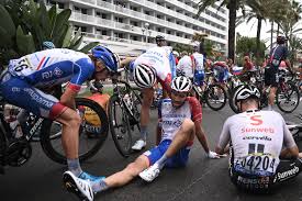 Froome lies on the road after crashing in the second crash of the first stage of the tour de france. Thibaut Pinot Annoyed After Crash In Closing Kilometres Of Tour De France 2020 Stage One Cycling Weekly