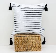 Black And White Throw Pillow With Tassels White Linen Throw Pillow With Black Stripes Pom Pom Pillow Etsy Hand Painted Pillows Black And White Pillows Linen Cushion