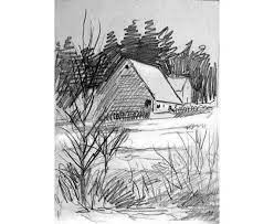 Go through the steps on how to draw a winter scene. Winter Landscape Pencil Drawing Winter Snow Scene Winter Barn Country Landscape Sketchbook Art Landscape Pencil Drawings Pencil Drawings Winter Drawings