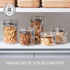 Designed with an 8 liter capacity and a weighted swing lid to prevent messes and overflow. Amazon Com Oggi 5pc Clear Canister Set With Clamp Lids Airtight Containers In Sizes Ideal For Kitchen Pantry Storage Of Bulk Dry Foods Including Flour Sugar Coffee Rice Tea Spices Herbs