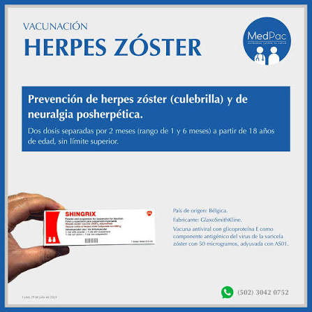 Vacunación a domicilio para prevenir herpes zóster (culebrilla) y neuralgia  posherpética (el dolor de larga duración que sigue al herpes zóster por un  daño en los nervios). Se administra a todos los