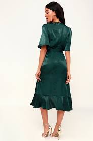 Wrapped Up In Love Dark Green Satin Faux Wrap Midi Dress Green Dress Casual Green Evening Gowns Long Green Dress