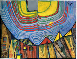 Los lugares comunes en su trabajo son el rechazo a las líneas rectas. 603a Sunset 1966 Friedensreich Hundertwasser Wikiart Org