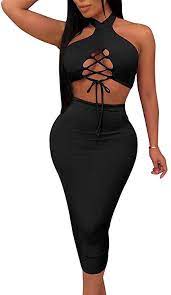 Amazon Com Women Two Piece Outfits Halter Neck Criss Cross Crop Top And Midi Pencil Skirts Set Summer Beach Club Wear Clothing Shoes Jewelry