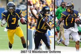 Wvu Blue Uniforms From 2007 12 Pictured Are Stedman Bailey 3 Geno Smith 12 And Tavon Austin 1 Wvu Football Mountaineers Football Football