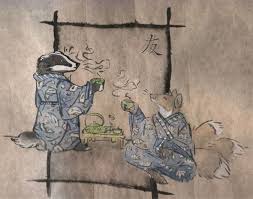 Badger And Kitsune Enjoy Tea By Mud Paw On Deviant Art Japanische Quilts Kitsune Fuchs Illustration