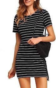 Floerns Women S Casual T Shirt Dress Short Sleeve Striped Mini Dress Black And White L At Amazon Women S Clothing Striped Tee Dress Fitted Tee Dress Tee Dress
